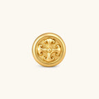 Gold circular stud earring with raised baroque scroll motif, polished bezel edge, and butterfly push-back closure. S925 stamped.