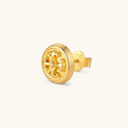 Gold circular stud earring with raised baroque scroll motif, polished bezel edge, and butterfly push-back closure. S925 stamped.